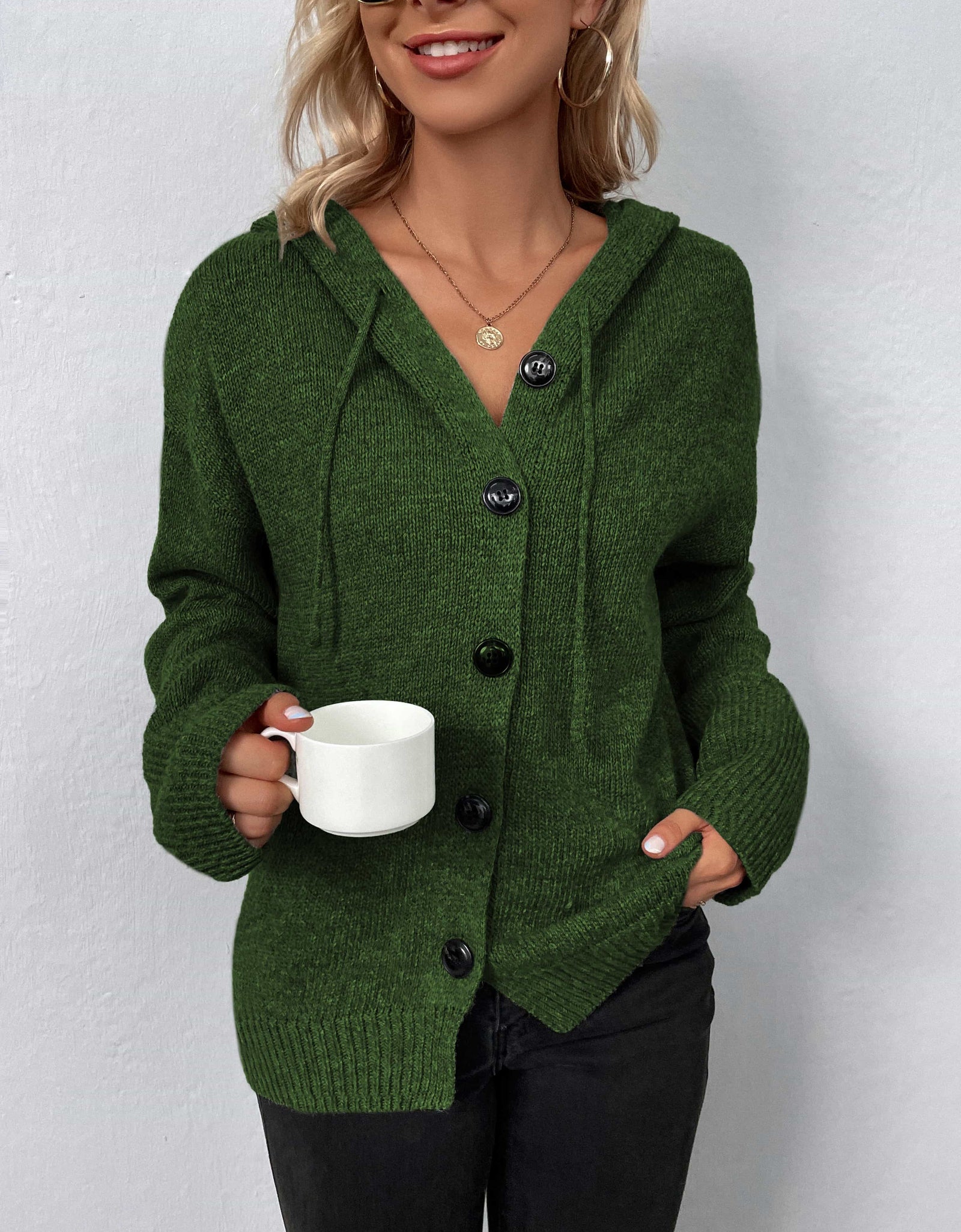 Button-Down Long Sleeve Hooded Sweater