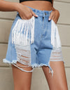 Fringe Trim Distressed Denim Shorts with Pockets