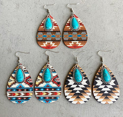 Turquoise Teardrop Shape Wooden Dangle Earrings