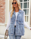 Button Up Collared Neck Denim Jacket with Pockets