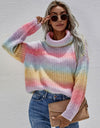 Rainbow Rib-Knit Turtleneck Drop Shoulder Sweater