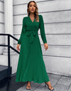 V-Neck Tie Waist Pleated Maxi Dress