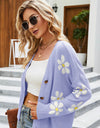 Floral Ribbed Trim Drop Shoulder Cardigan