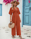 Honey Decorative Button V-Neck Half Sleeve Jumpsuit