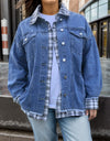 Plus Size Plaid Collared Neck Raw Hem Denim Jacket