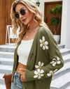 Floral Ribbed Trim Drop Shoulder Cardigan