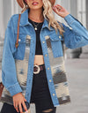 Geometric Raw Hem Button Up Denim Jacket