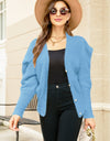 Woven Right Puff Sleeve V-Neck Fuzzy Cardigan