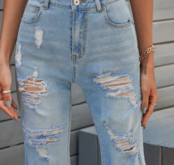 Distressed Raw Hem Denim Bermuda Shorts