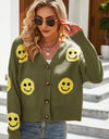 Smiley Face Ribbed Trim V-Neck Cardigan