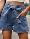 Tie Belt Denim Shorts with Pockets