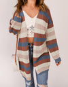 Full Size Striped Long Sleeve Openwork Cardigan