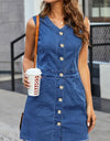 Full Size Button Up V-Neck Sleeveless Denim Dress