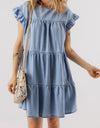 Ruffled Round Neck Cap Sleeve Denim Dress