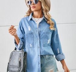 Distressed Raw Hem Dropped Shoulder Denim Jacket