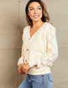 Woven Right Button Front Ribbed Lantern Sleeve Cardigan