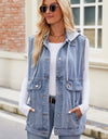 Drawstring Hooded Sleeveless Denim Jacket