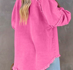 Button Down Raw Hem Denim Jacket