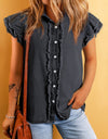 Raw Hem Button Up Cap Sleeve Denim Top