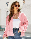 Woven Right Openwork Pompom Puff Sleeve Cardigan