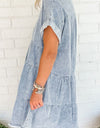 Raw Hem Notched Short Sleeve Denim Dress