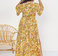 Floral V-Neck Short Sleeve Slit Dress