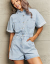 Collared Neck Denim Romper with Pockets