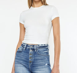 Kancan Button Fly High Rise Raw Hem Denim Shorts