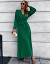 V-Neck Tie Waist Pleated Maxi Dress