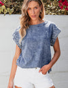 Pearl Trim Round Neck Cap Sleeve Denim Top