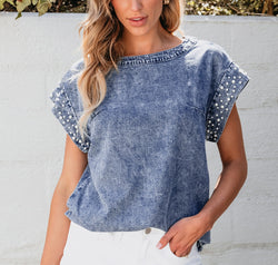 Pearl Trim Round Neck Cap Sleeve Denim Top