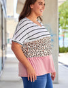 Plus Size Striped Leopard Round Neck Half Sleeve T-Shirt