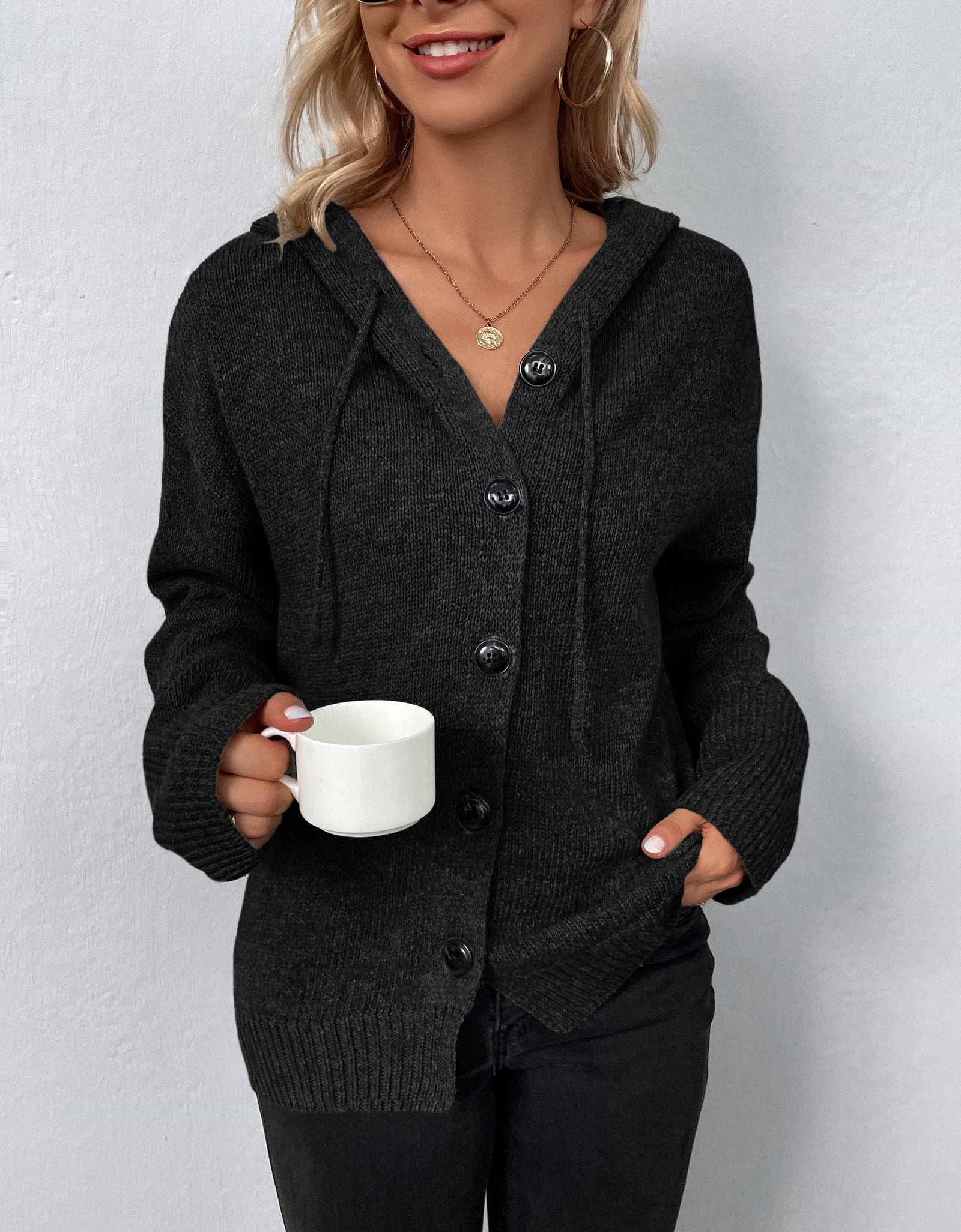 Button-Down Long Sleeve Hooded Sweater