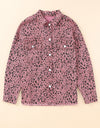 Leopard Raw Hem Button Up Denim Jacket