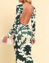 Printed Backless Long Sleeve Maxi Dress