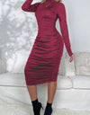 Ruched Mock Neck Long Sleeve Dress