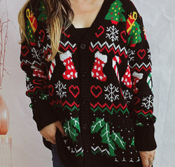 Printed Button Up V-Neck Long Sleeve Cardigan with Pockets