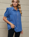 Puff Sleeve Collared Denim Top