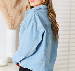 Double Take Dropped Shoulder Raw Hem Denim Jacket