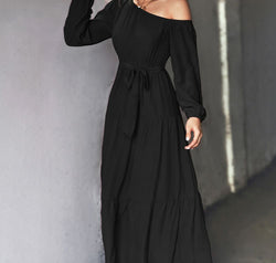 Belted One-Shoulder Tiered Maxi Dress